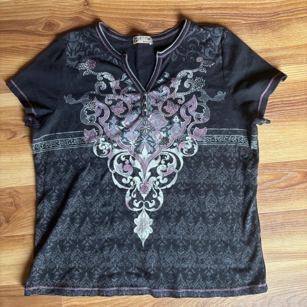 Blue Canyon Y2K Burnout Short Sleeve Top T Shirt Black Floral Grunge Whimsigoth